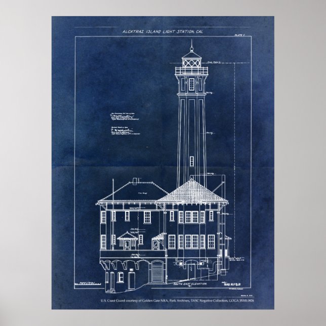 Alcatraz Island Lighthouse Blueprint Vintage Poster (Framsidan)