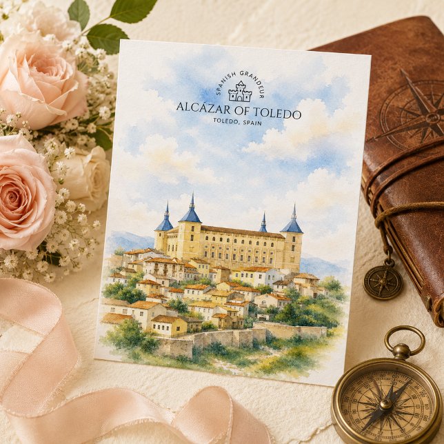 Alcázar i Toledo, Spanien | Landskapsvattenfärg Vykort (Alcázar Of Toledo, Spain | Watercolor Landscape Postcard)
