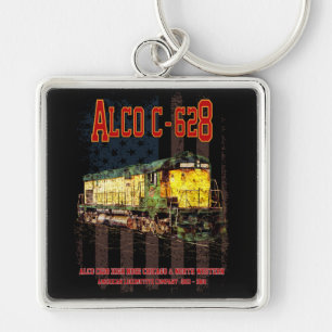 Alco C-628 Diesel Locomotive och American flagga Fyrkantig Silverfärgad Nyckelring
