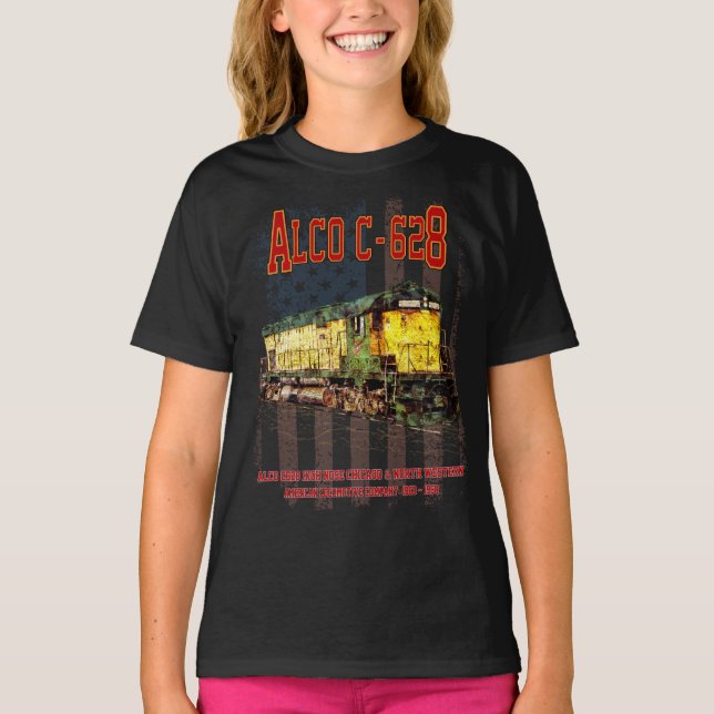 Alco C-628 Diesel Locomotive och American flagga T Shirt (Framsida)