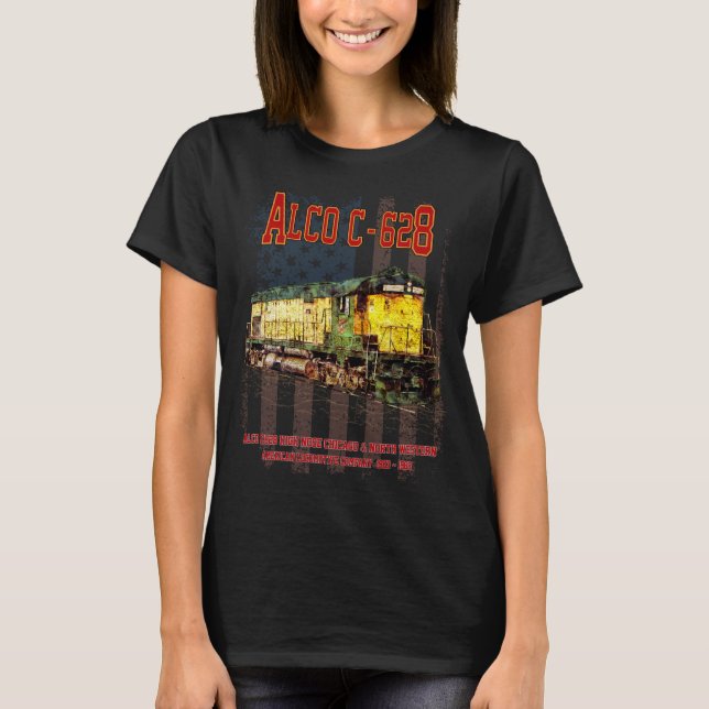 Alco C-628 Diesel Locomotive och American flagga T Shirt (Framsida)