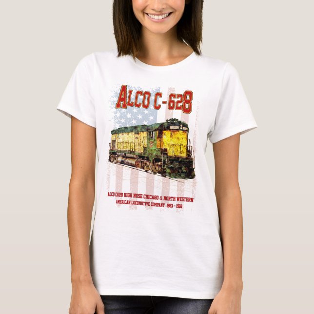 Alco C-628 Diesel Locomotive och American flagga T Shirt (Framsida)