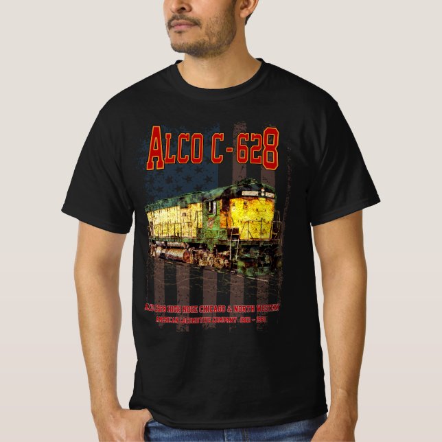 Alco C-628 Diesel Locomotive och American flagga T Shirt (Framsida)