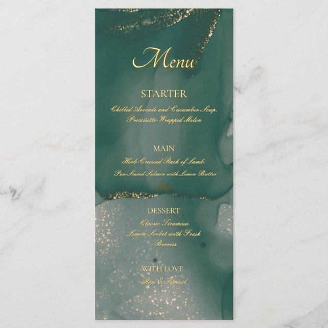 Alcohol Ink Green Glitter Chic Flat Menu Meny (Framsida)