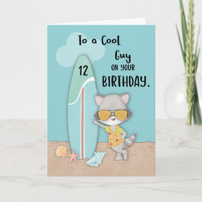 Ålder 12 Guy Birthday Beach Funny Coola Raccoon Kort (Framsida)