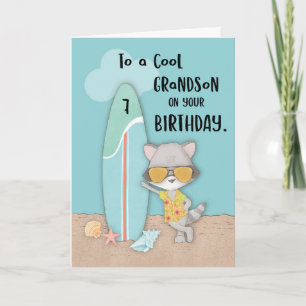 Ålder 7 Grandson Birthday Beach Funny Coola Raccoo Kort
