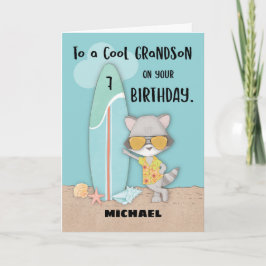 Ålder 7 Grandson Birthday Beach Funny Coola Raccoo Kort
