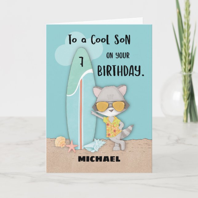 Ålder 7 Son Birthday Beach Funny Coola Raccoon Car Kort (Framsida)