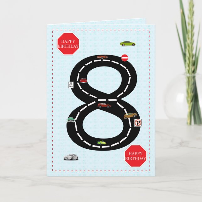 Ålder 8, 8:e födelsedag, personbilar och landsväg  kort (Framsida)