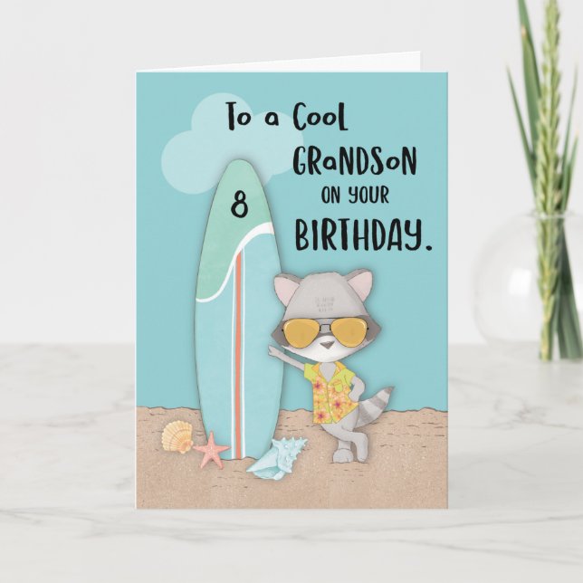 Ålder 8 Grandson Birthday Beach Funny Coola Raccoo Kort (Framsida)