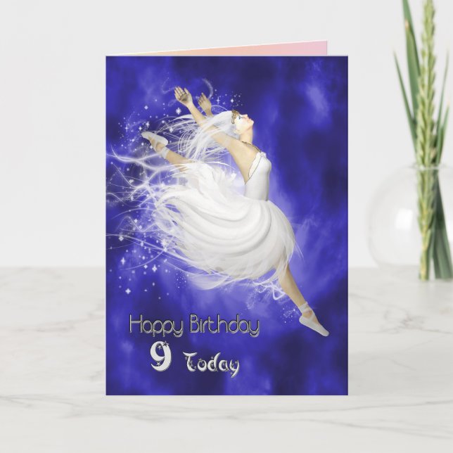 Ålder 9, leapande ballerina-födelsedagskort kort (Framsida)