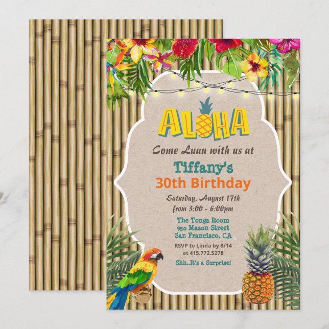 ÅLDER - Aloha Luau Tropical Birthday-inbjudan Inbjudningar (Fram/baksida)