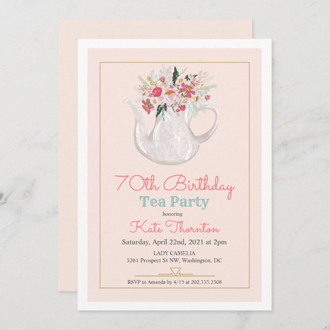 ÅLDER - Blommigt Tekanna Tea Party födelsedagen Inbjudningar (Fram/baksida)