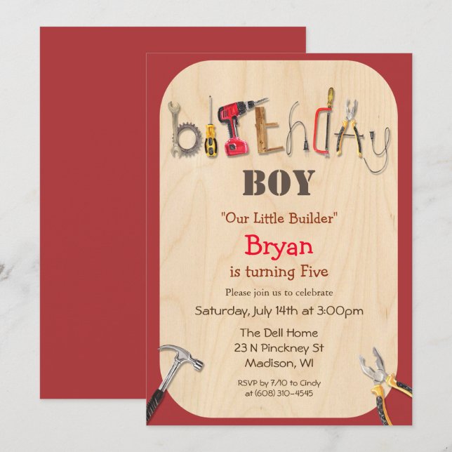 ÅLDER - Boy Builder Verktyg Birthday-inbjudan Inbjudningar (Fram/baksida)
