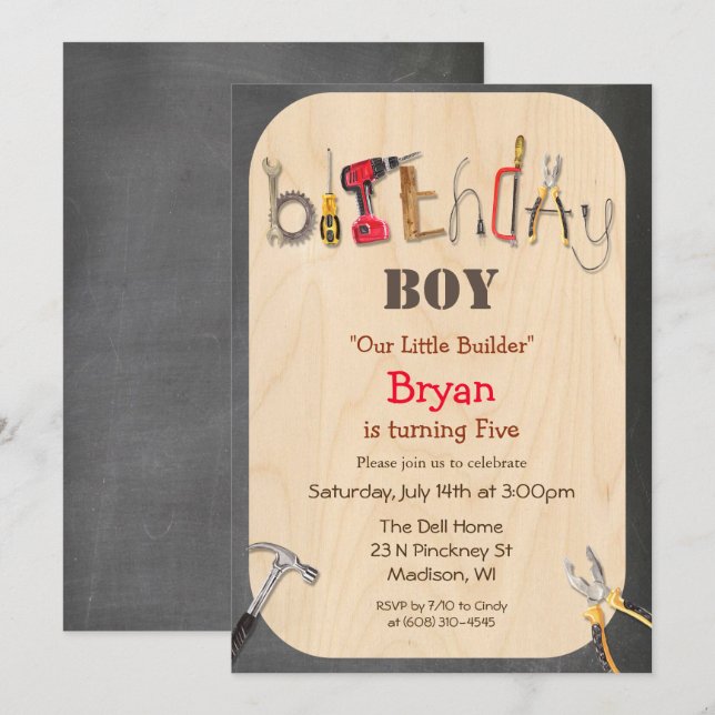 ÅLDER - Boy Verktyg Builder Birthday-inbjudan Inbjudningar (Fram/baksida)