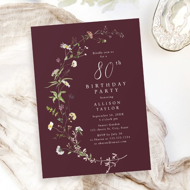 Ålder Burgundy Wildblomma Boho 80:e födelsedagen Inbjudningar (Any Age Burgundy Wildflower Boho 80th Birthday Invitation)