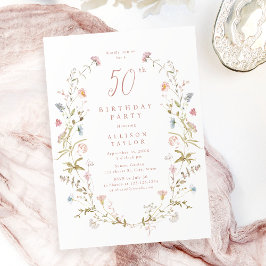 Ålder Dusty Rosa Wildblomma Boho 50:e födelsedagen Inbjudningar