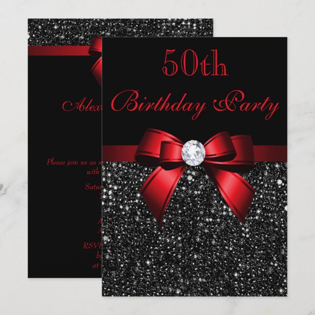 Ålder Faux Sequins Bow Red på födelsedagen Inbjudningar (Fram/baksida)