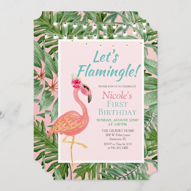 ÅLDER - Flamingo Flamingle Birthday-inbjudan Inbjudningar (Fram/baksida)