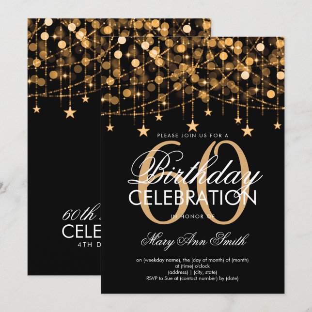 Ålder Födelsedag Guld String Ljus & Stars Inbjudningar (Fram/baksida)