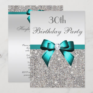 Ålder Födelsedagsfest Silver Sequin Deep Teal Bow Inbjudningar
