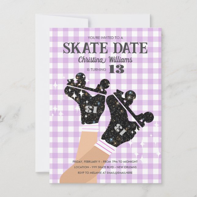 Ålder Gingham Lilac Disco Roller Skate Birthday Inbjudningar (Framsida)