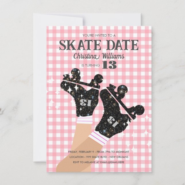 Ålder Gingham Rosa Disco Roller Skate Birthday Inbjudningar (Framsida)
