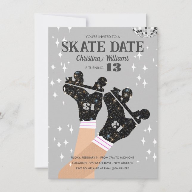 Ålder Grått Disco Roller Skate Birthday Inbjudningar (Framsida)