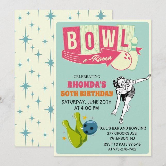 ÅLDER - inbjudan till Retro Bowling på födelsedage (Fram/baksida)