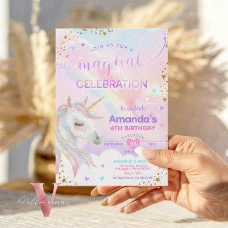 Ålder Magic Rainbow Unicorn Guld Birthday Inbjudningar