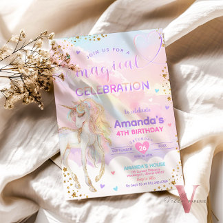 Ålder Magic Rainbow Unicorn Guld Birthday Inbjudningar