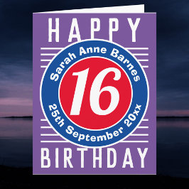 Ålder, namn och datum på ett 16-års födelsedagskor kort