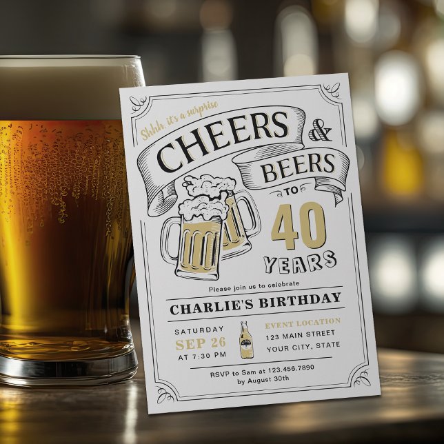 Ålder och Öl överraskningsdag Inbjudningar (Any Age Cheers And Beers Surprise Birthday Invitation)