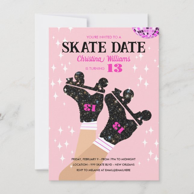 Ålder Rosa Disco Roller Skate Birthday Inbjudningar (Framsida)