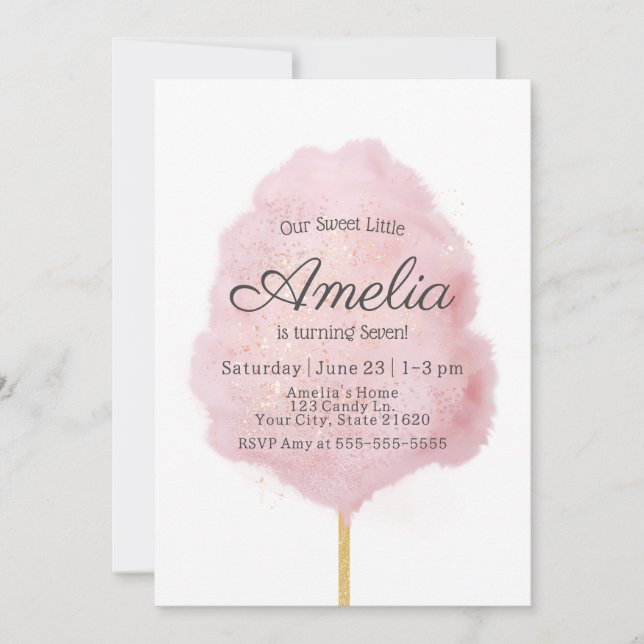 Ålder Rosa Glitter Cotton Candy Birday Inbjudningar (Framsida)