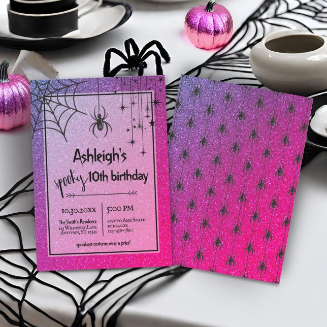 Ålder Rosa Glitter Spider Halloween Birthday Inbjudningar (Skapare uppladdad)