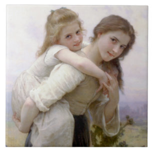 Älder Sister Ge Younger Sister Piggyback Ride Kakelplatta