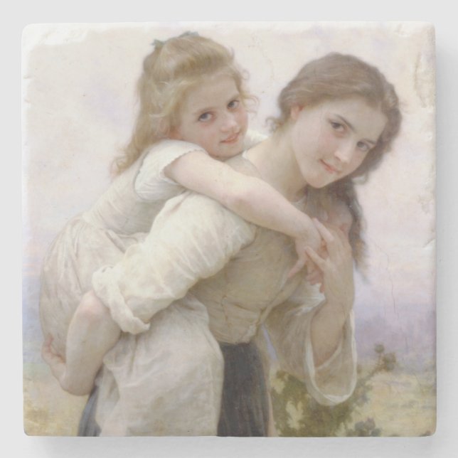 Älder Sister Ge Younger Sister Piggyback Ride Stenunderlägg (Framsidan)