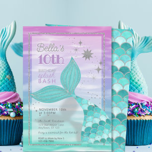 ÅLDER Sjöjungfru Stänk Bash Lila Teal Birthday Inbjudningar