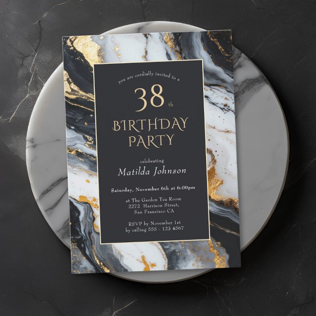 Ålder - Svart och Guld Marble Birthday-inbjudan Inbjudningar (Any Age Black and Gold Marble Birthday Invitation)