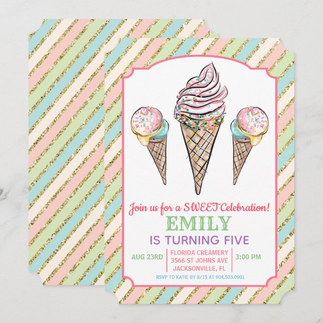 ÅLDER - Uppmaning av iskräm på födelsedagen Inbjudningar (Fram/baksida)