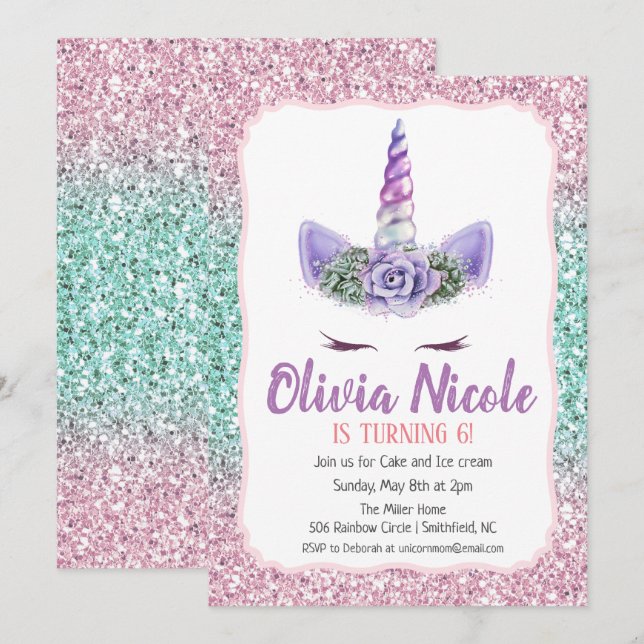 ÅLDERN - Uppmaning till Unicorn Glitter på födelse Inbjudningar (Fram/baksida)
