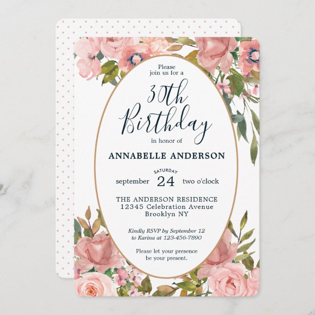 Åldersdag Blommigt Rosa  födelsedag i Guld Inbjudningar (Fram/baksida)