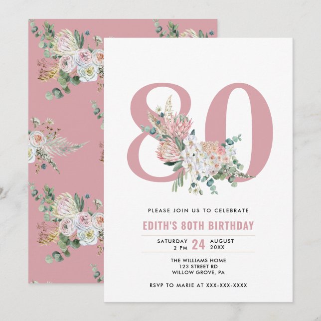 Åldersfärgad Blommigt Rosa 80:e födelsedag Inbjudningar (Fram/baksida)