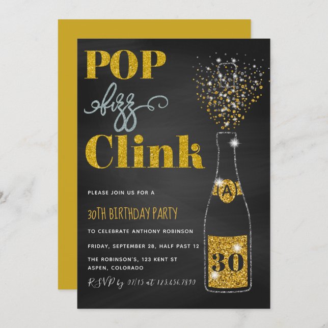 Åldersfizz clink glitter chalkboard Birthday Inbjudningar (Fram/baksida)