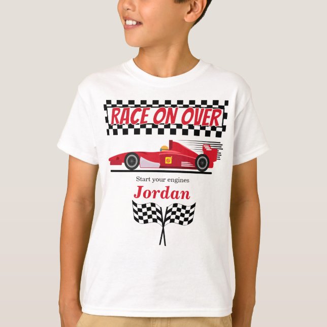 Åldersvecka - röd formelbil Tävling över T Shirt (Framsida)