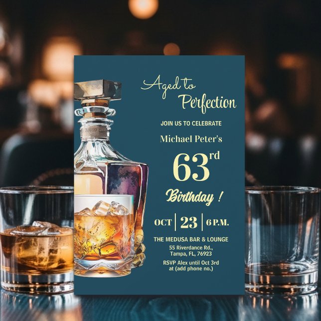 Åldrad till perfektion Män 63:e Whiskey Födelsedag Inbjudningar (Skapare uppladdad)