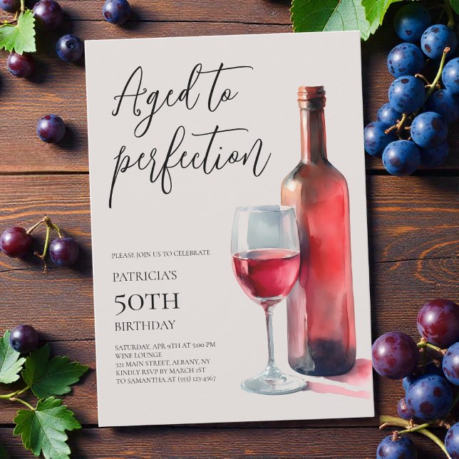 Åldrad till Perfektion Rött Vin 50-års Födelsedags Inbjudningar (Aged to Perfection Red Wine 50th Birthday Party Invitation)