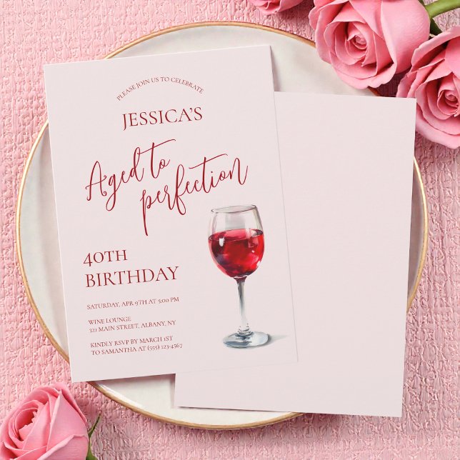 Åldrad till Perfektion Vin Rosa 40-års Födelsedags Inbjudningar (Aged to Perfection Wine Pink 40th Birthday Party Invitation)