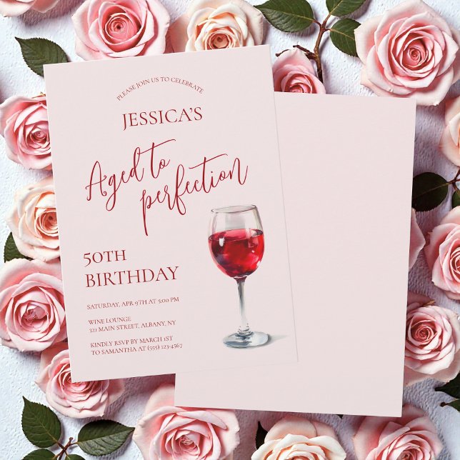 Åldrad till Perfektion Vin Rosa 50-års Födelsedags Inbjudningar (Aged to Perfection Wine Pink 50th Birthday Party Invitation)
